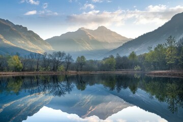 Naklejka premium Serene Spring Mountain Landscape Tranquil Lake Reflections, Lush Green Trees, Blue Sky Early Morning Light - Travel, Nature, Outdoor Adventure Content