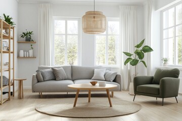 Bright living room with gray sofa, round coffee table, and green armchair.