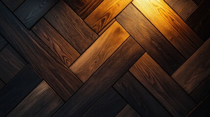 Herringbone Wooden Floor with Warm Lighting Highlighting Texture and Grain Details
