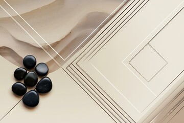 Modern Minimalist Black Pebbles Light Beige Background Geometric Lines - Tranquil Wellness Mindfulness Decor Spa Self-Care Marketing