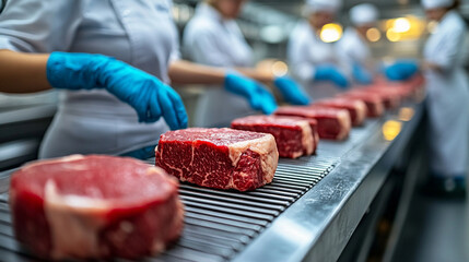 Raw wagyu beef blocks on stainless steel conveyor belt in modern Japanese meat processing plant Workers in white uniforms and blue gloves handle beef with care Symbolizes hygiene precision quality