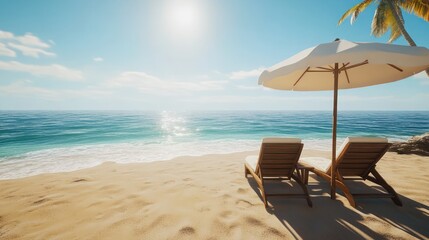 Obraz premium Tropical beach chairs under umbrella, ocean view, sunny day, vacation relaxation