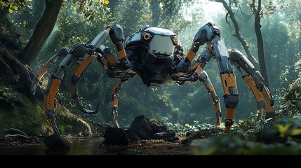 Robotic spider in woods