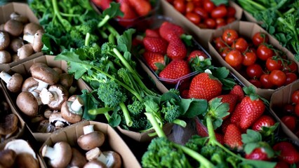 strawberries, mushrooms, lettuce, tomatoes lie in paper boxes on the market