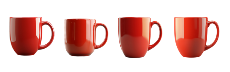 Four Red Mugs on Transparent Background
