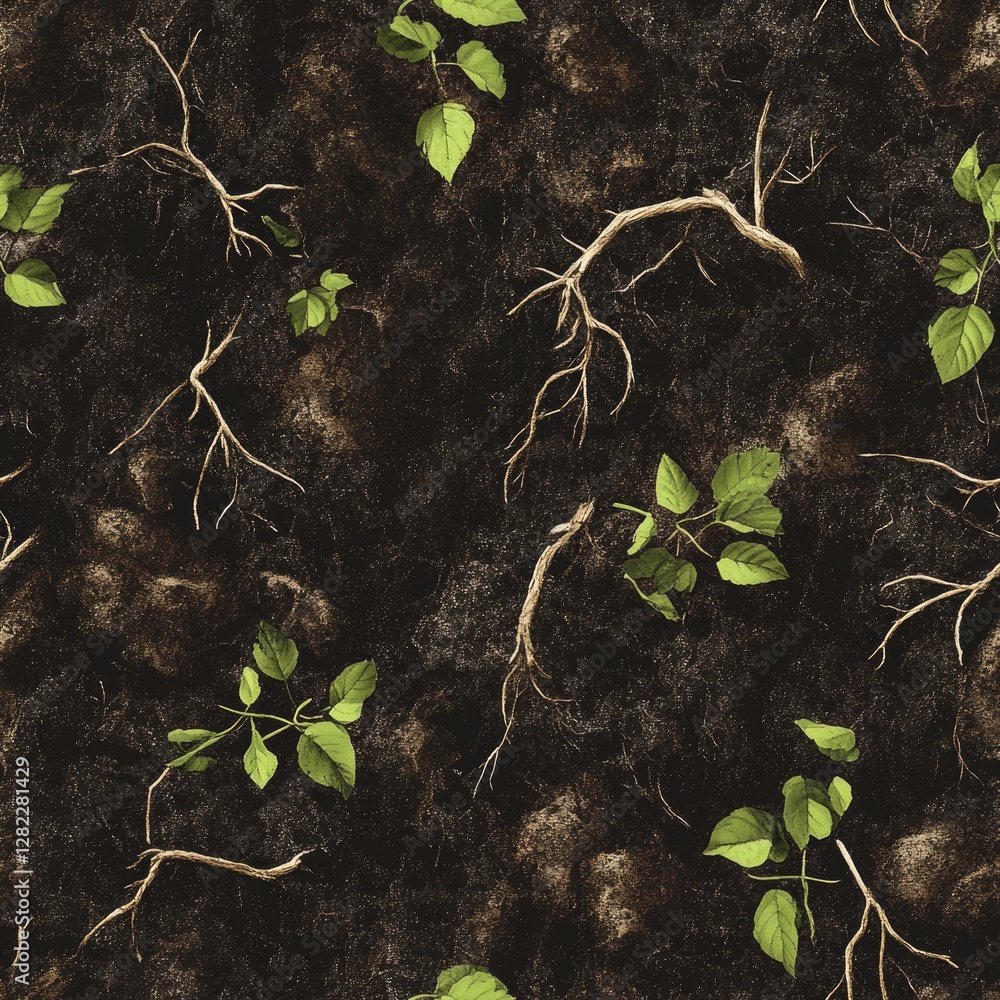 Poster a pattern of leaves and branches is shown in a dark background