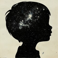 Silhouette of a child with stars and galaxies inside head, representing wonder and imagination