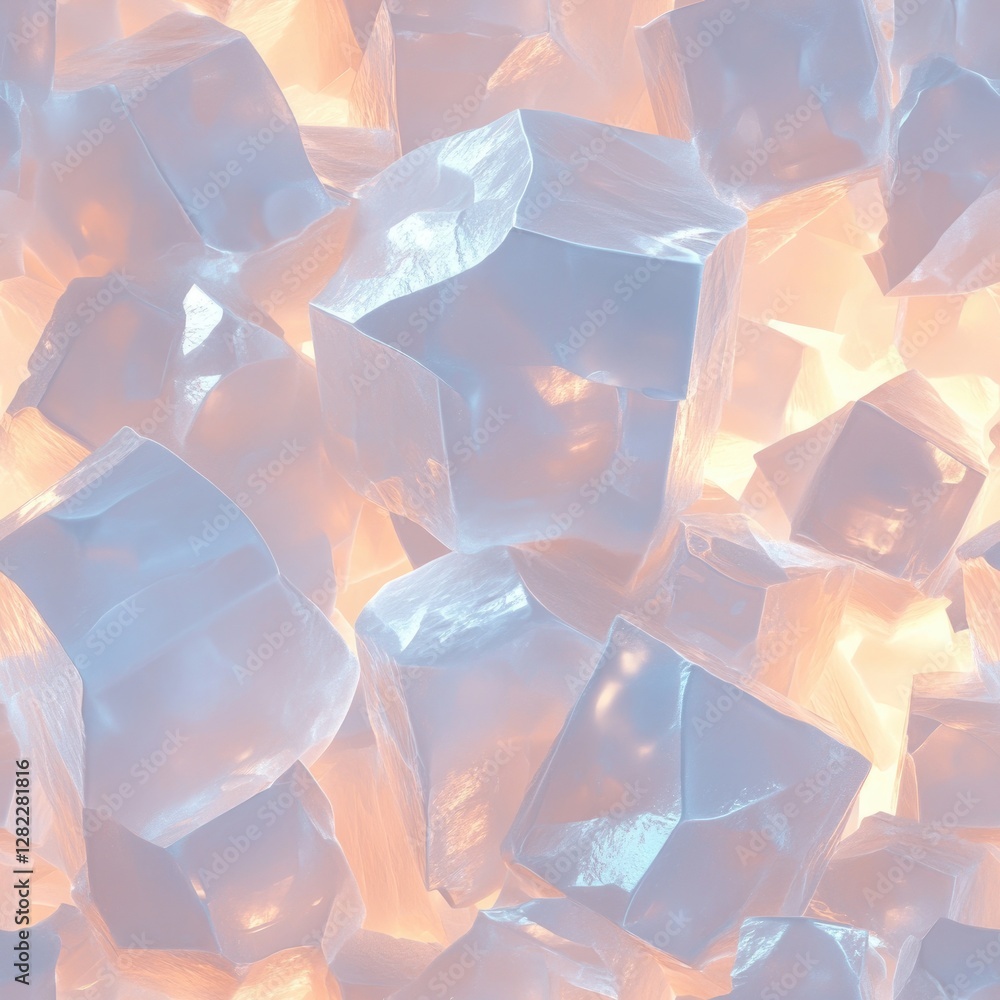 Poster seamless texture of salt crystal formations, white and translucent cubic structures with soft glow