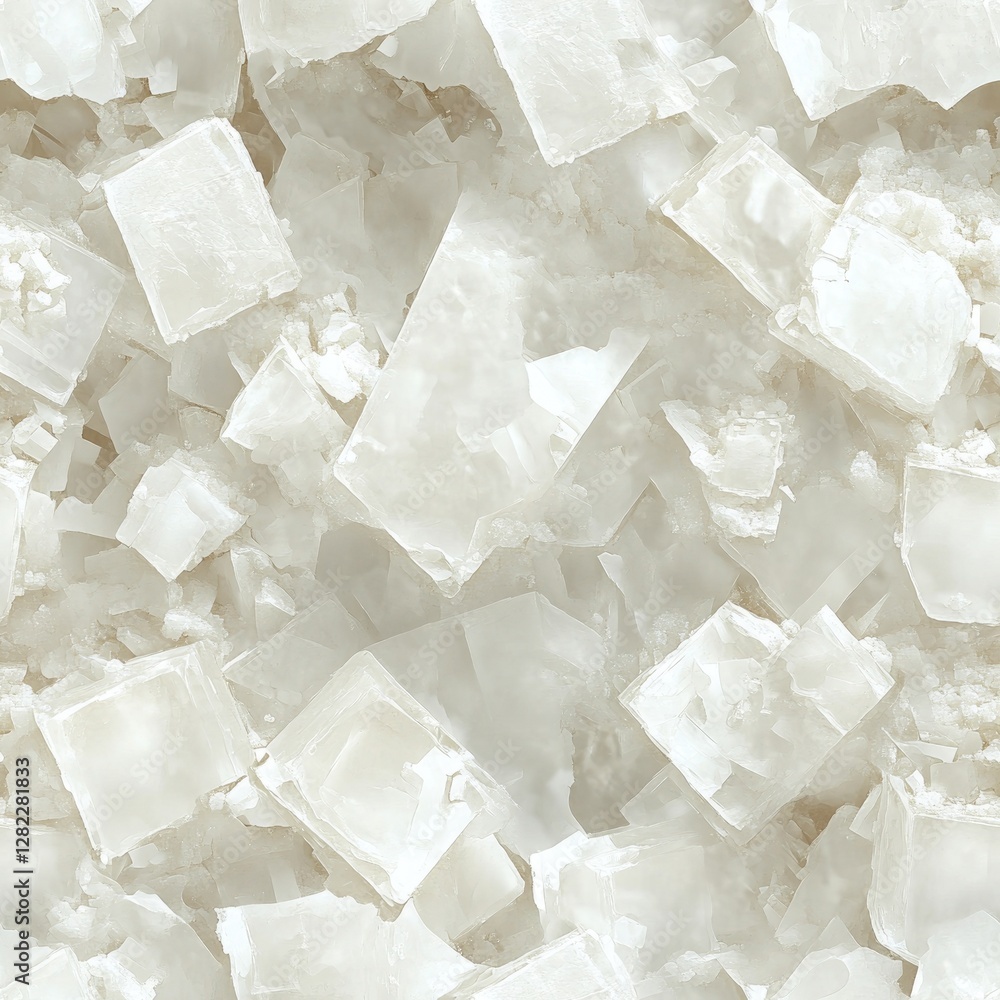 Poster seamless texture of salt crystal formations, white and translucent cubic structures with soft glow