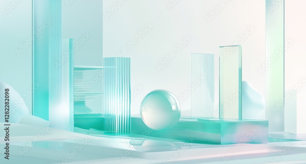 Poster abstract white background with geometric shapes and gradient color blocks, in a technology-inspired 