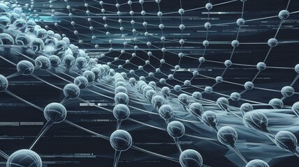 Obraz premium Futuristic Digital Illustration Interconnected Spheres Flowing Lines Dark Background - Molecular Network Visualization Science Technology Presentations