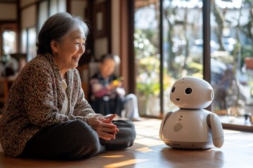 Elderly woman interacts with a friendly robot companion in a serene indoor setting during daylight hours