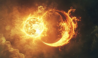 A fiery sun and moon are depicted in a space scene