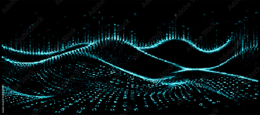 Aufkleber abstract vector illustration featuring a wave-like grid pattern with glowing blue dots against a bla