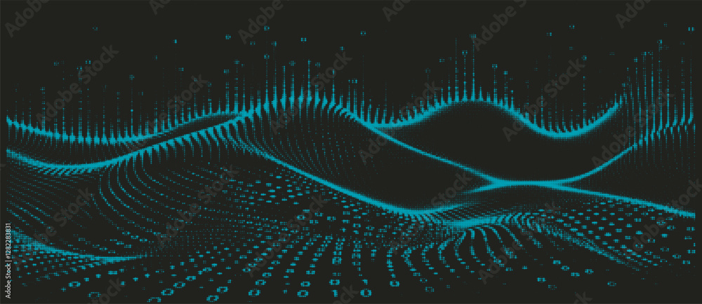 Aufkleber Abstract vector illustration featuring a wave-like grid pattern with glowing blue dots against a black backdrop, creating a futuristic, digital landscape with a sense of depth and motion.