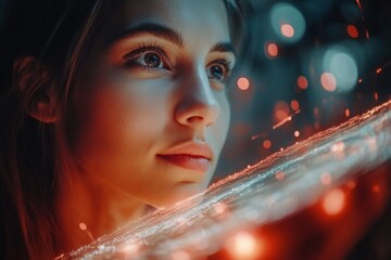 Captivating portrait of a young woman with mesmerizing gaze and colorful light reflections in a dark setting