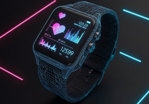 Smartwatch Wireframe Design with Fitness Tracker Display and Neon Lights - Powered by Adobe