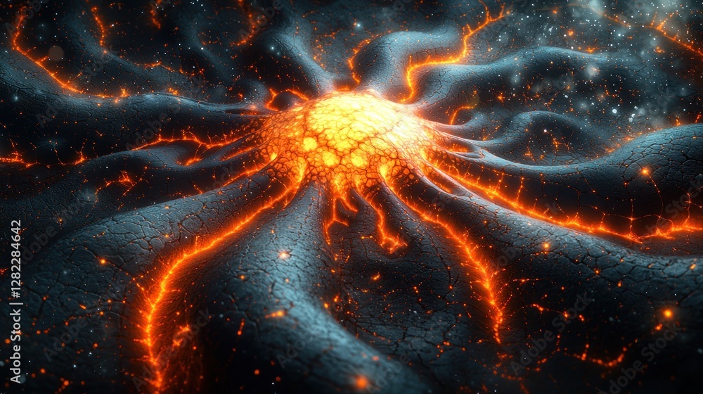 Poster cosmic inferno: a fiery eruption of celestial energy explodes across a dark expanse, creating a brea