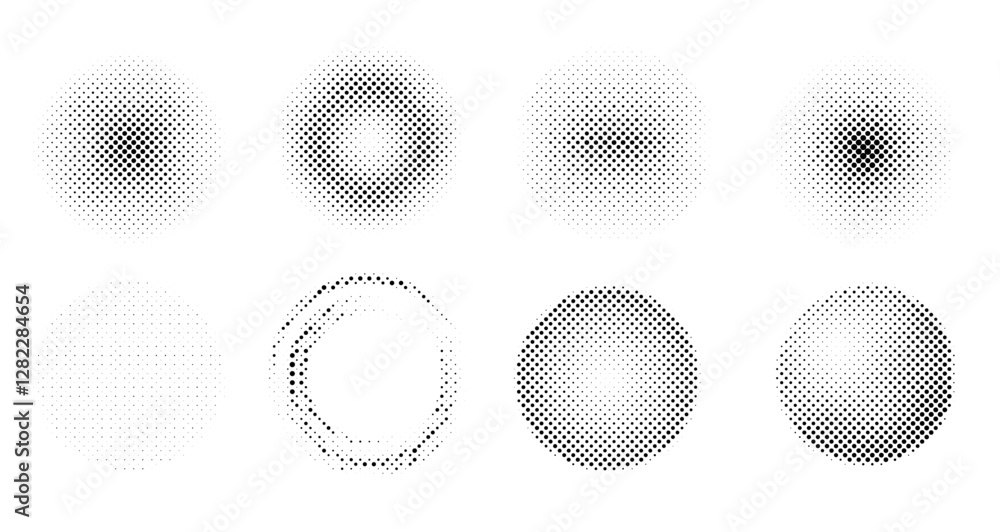 Poster halftone textures featuring circular dot patterns on a white background, each with varying densities