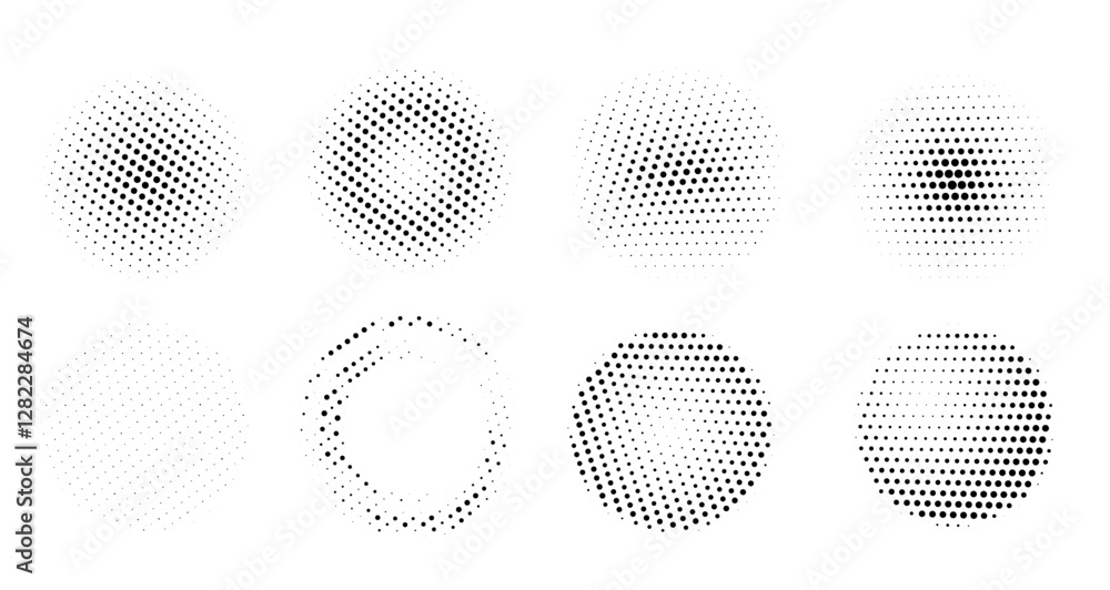 Poster Set of black halftone dottted backgrounds. Modern abstract comic style halftone pattern in circle form.
