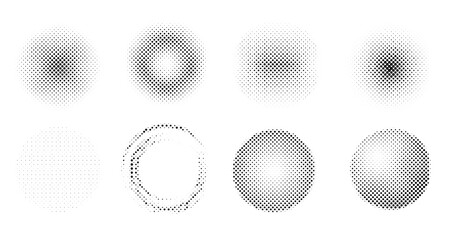 Halftone textures featuring circular dot patterns on a white background, each with varying densities and arrangements. The minimal design highlights texture diversity, contrast, and form.