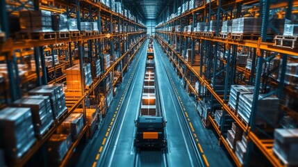 Automated transport vehicles move through a large modern warehouse