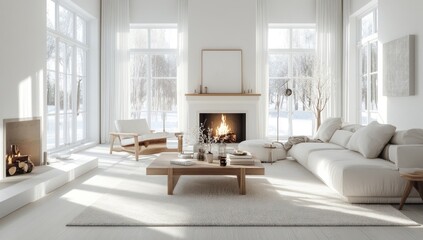 Bright, minimalist living room with fireplace, large windows, and cozy furniture.