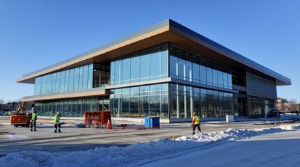 Obraz premium Modern glass office building under construction, winter