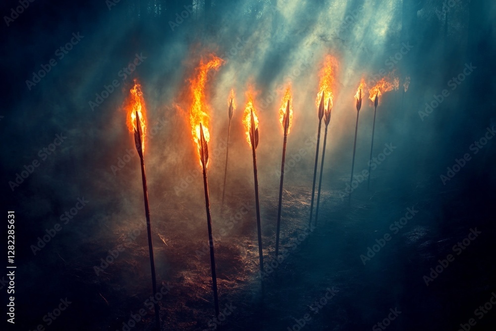 Poster torches illuminate a misty forest at dusk creating a mystical atmosphere filled with intrigue and wa