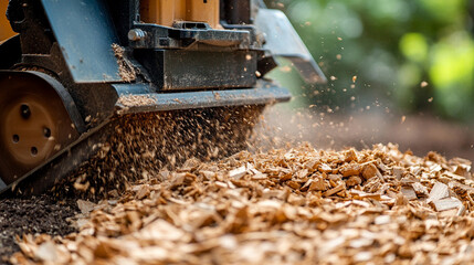 A stump grinder machine grinds a tree stump in a garden, creating wood chips. The process symbolizes renewal, land restoration, and clearing space for new growth. Selective focus, modern