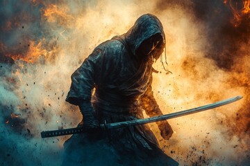 Warrior with sword amidst flames and smoke during a dramatic battle scene at dusk