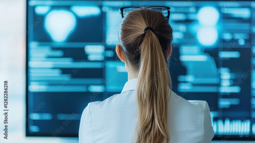 Aufkleber a focused professional examines data on a large screen, showcasing insights and analytics in a moder