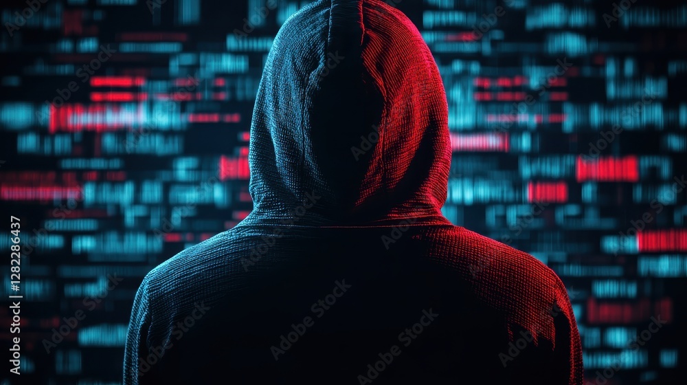 Poster a shadowy figure in a hoodie faces a digital backdrop filled with colorful code, evoking themes of h