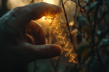 Hand holding illuminating droplets in a natural setting at dusk showcasing the beauty of nature