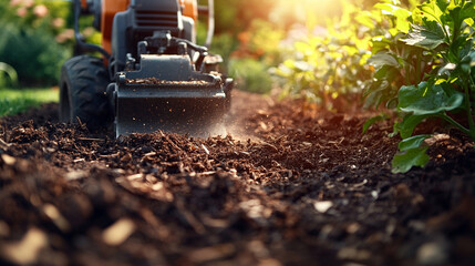 A stump grinder machine grinds a tree stump in a garden, creating wood chips. The process symbolizes renewal, land restoration, and clearing space for new growth. Selective focus, modern