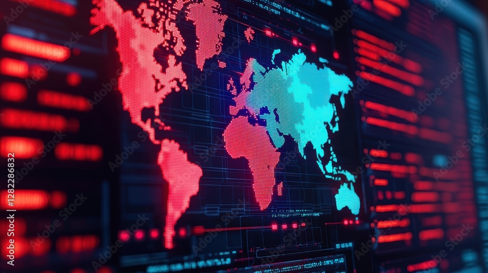 Poster a digital map of the world is shown in vibrant colors, highlighting geographical features against a 