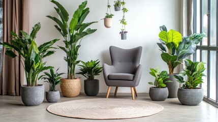 Modern living room plants, armchair, rug, window