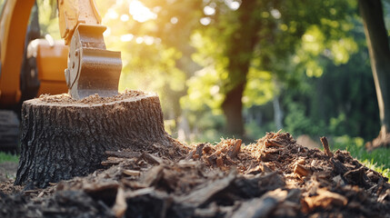 A stump grinder machine grinds a tree stump in a garden, creating wood chips. The process symbolizes renewal, land restoration, and clearing space for new growth. Selective focus, modern