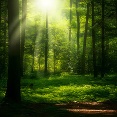 Obraz premium Sunlight filtering through dense green forest trees with misty atmosphere