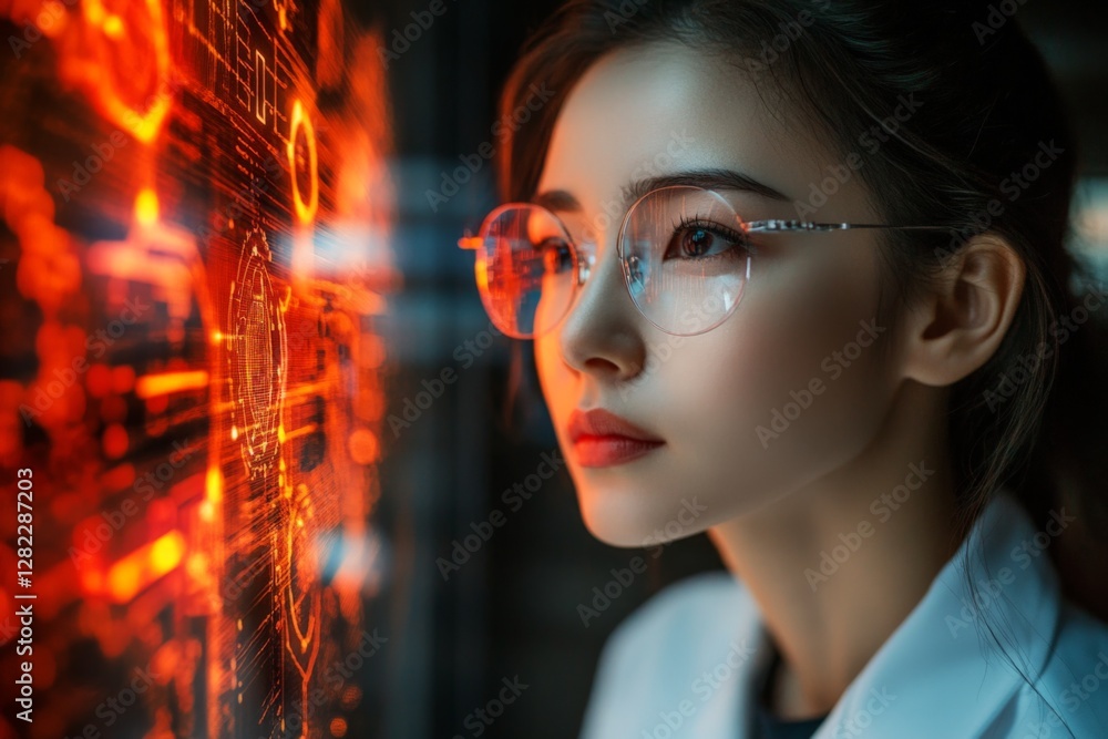 Poster young scientist analyzing digital data on a futuristic screen in a modern laboratory during evening 