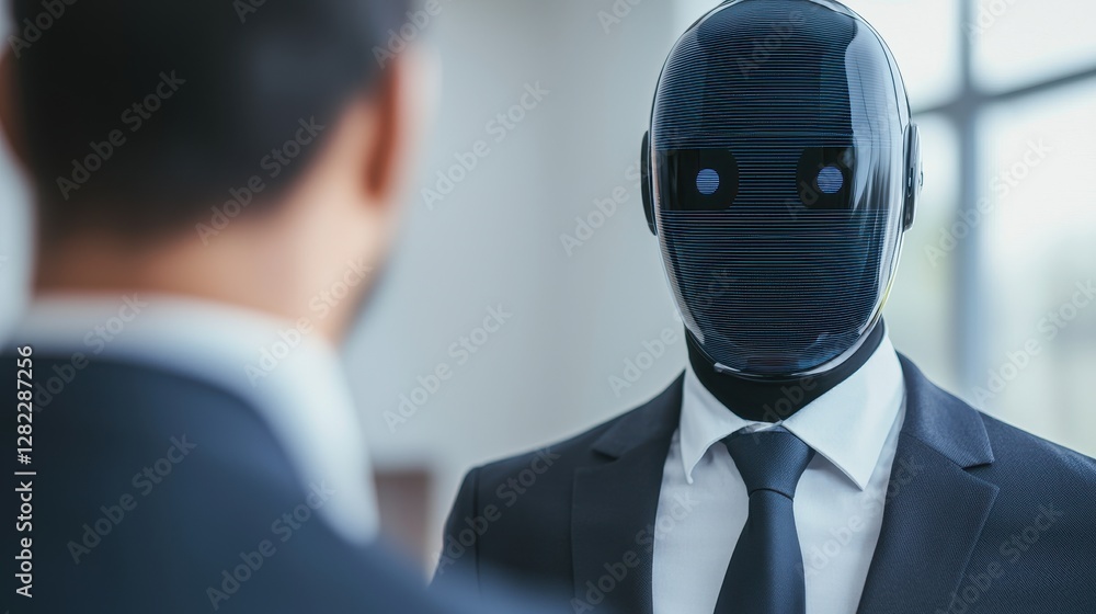Poster a humanoid robot in a suit interacts with a person, showcasing advanced technology and artificial in