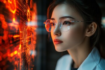 Young scientist analyzing digital data on a futuristic screen in a modern laboratory during evening hours