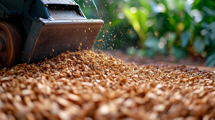 A stump grinder machine grinds a tree stump in a garden, creating wood chips. The process symbolizes renewal, land restoration, and clearing space for new growth. Selective focus, modern