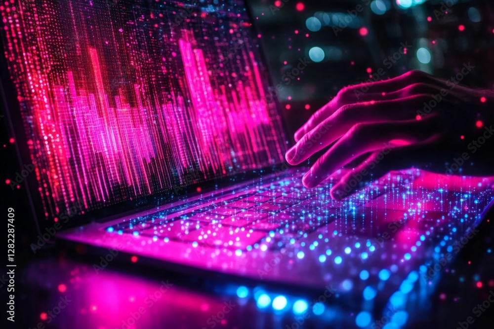 Poster vibrant digital data analysis on a laptop showcasing colorful visualization in a dark environment