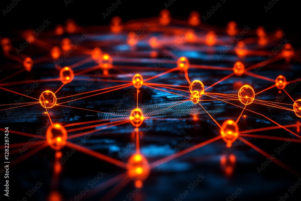 Poster digital network connections illuminated by bright orange nodes and lines on a dark background