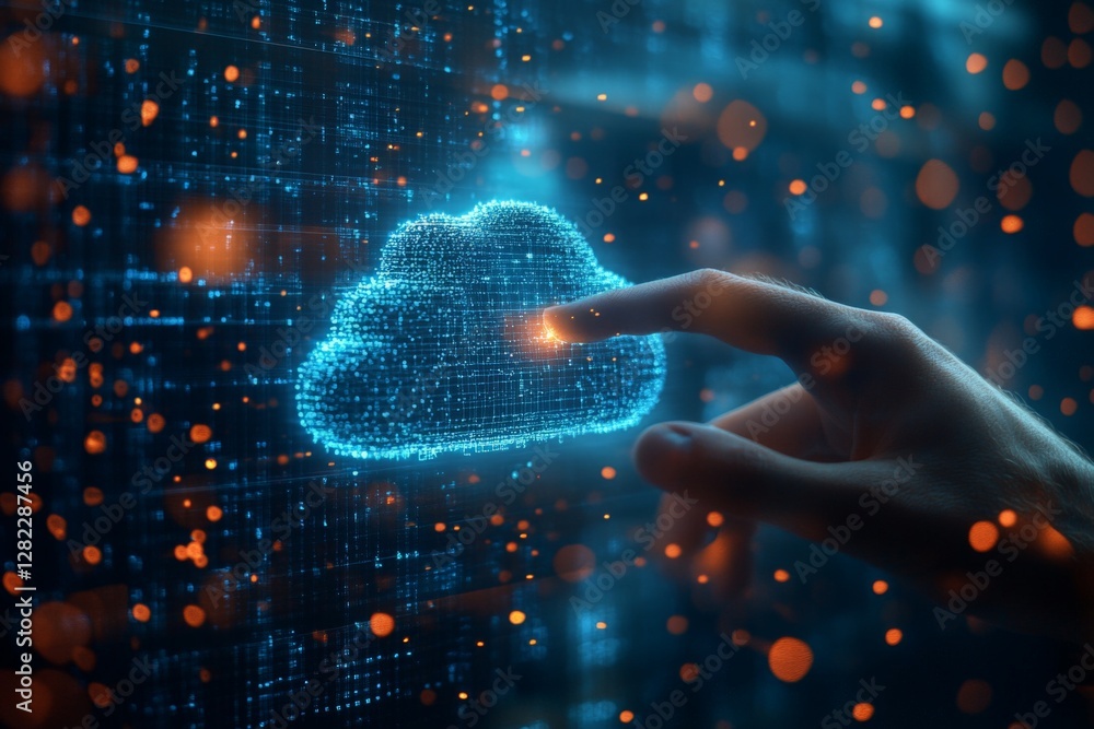 Poster digital hand hovering over a glowing cloud symbol representing data storage technology in a futurist