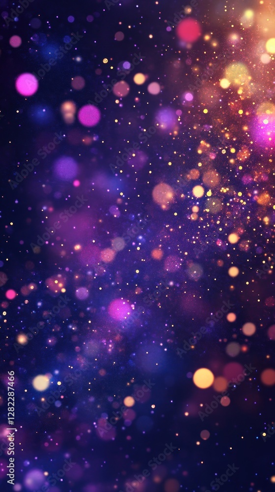 Poster abstract glowing bokeh background in purple and gold colors creating dreamy atmospheric feel