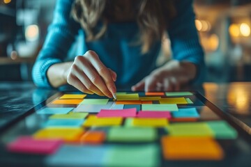 Fototapeta premium Creative brainstorming session with colorful sticky notes on a glass table in a modern workspace