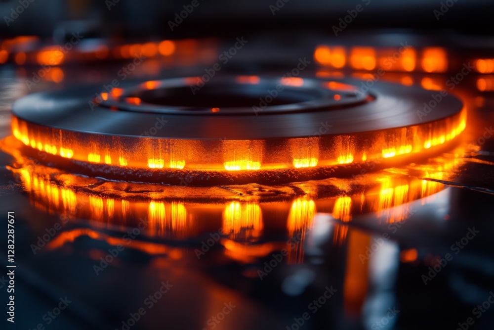 Poster close-up view of glowing orange lights and circular patterns in an industrial setting during nightti