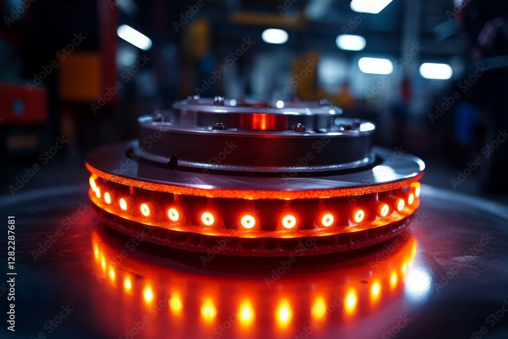 Poster high-tech brake system component illuminated with vibrant red lights in a modern workshop environmen